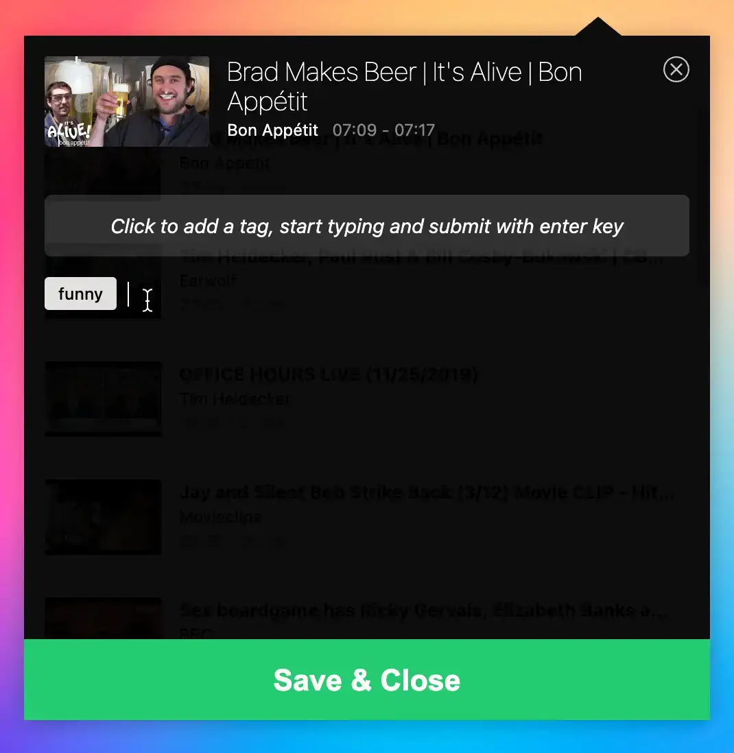 A screenshot of ClipSnip, a Chrome extension to record small clips from YouTube videos.