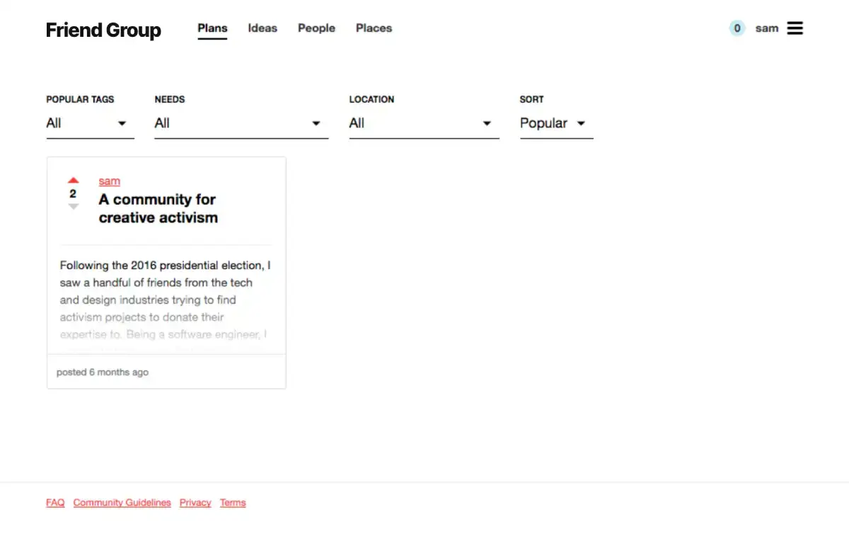 A screenshot of Friend Groyp, a web app to faciliate community activism.