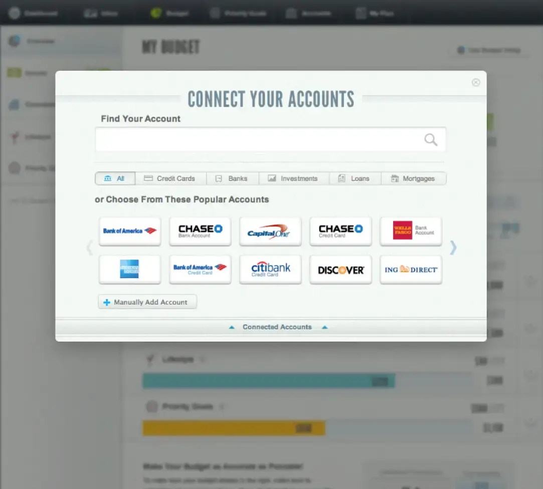 A screenshot of the LearnVest Money Center, a web app to link financial accounts and track your budget.